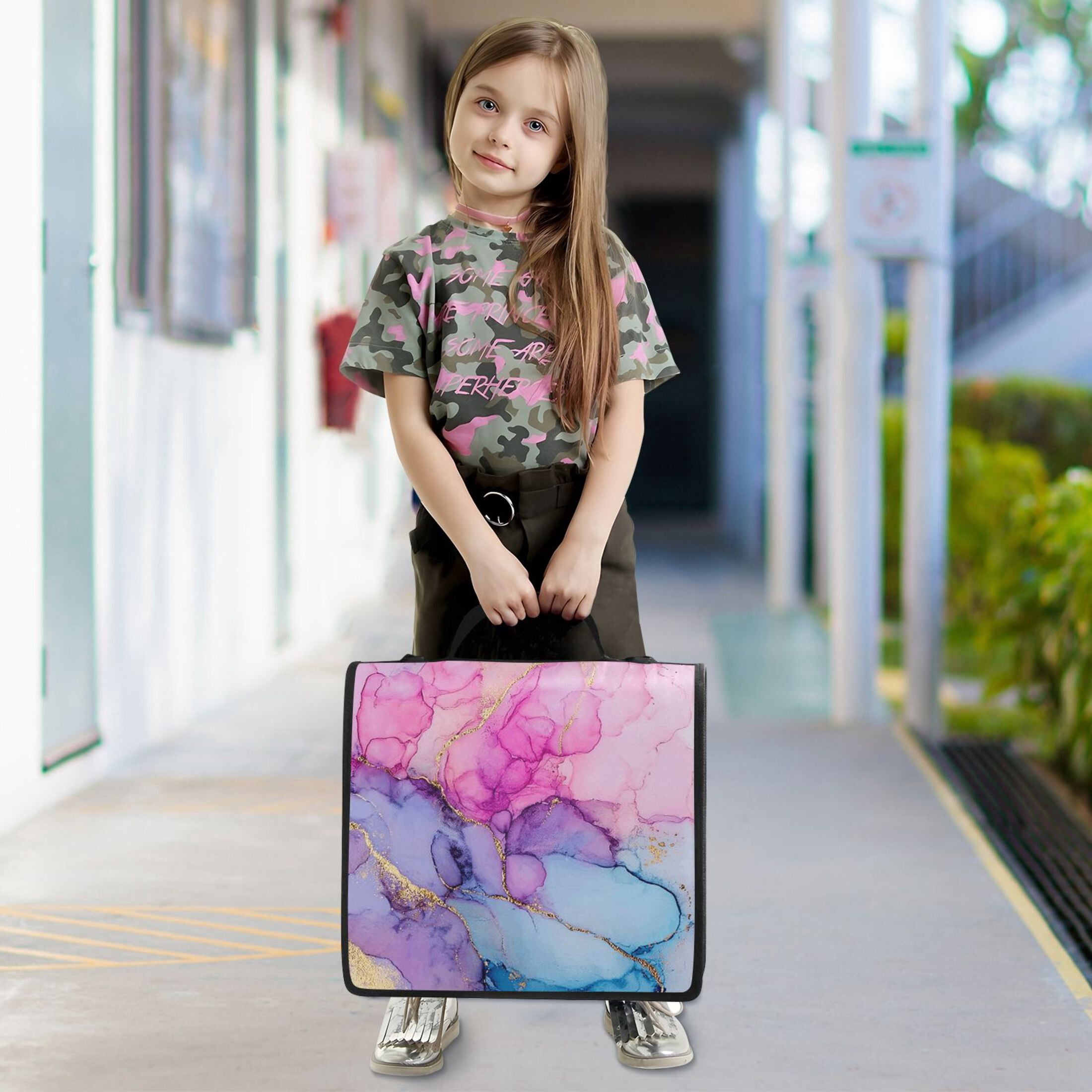 3 Ring Zipper Binder with Shoulder Strap Waterproof Trapper Keeper 2 Inch D-Ring 500 Sheets Capacity Pink Purple Blue Marble