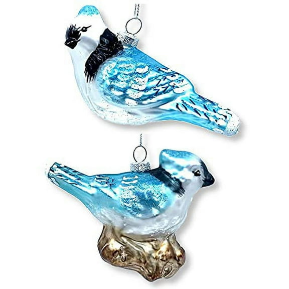 THE JOY TREE Bluebird Ornaments Set of 2 - Hand Painted Blown Glass Decorations 4.5'', Blue, White