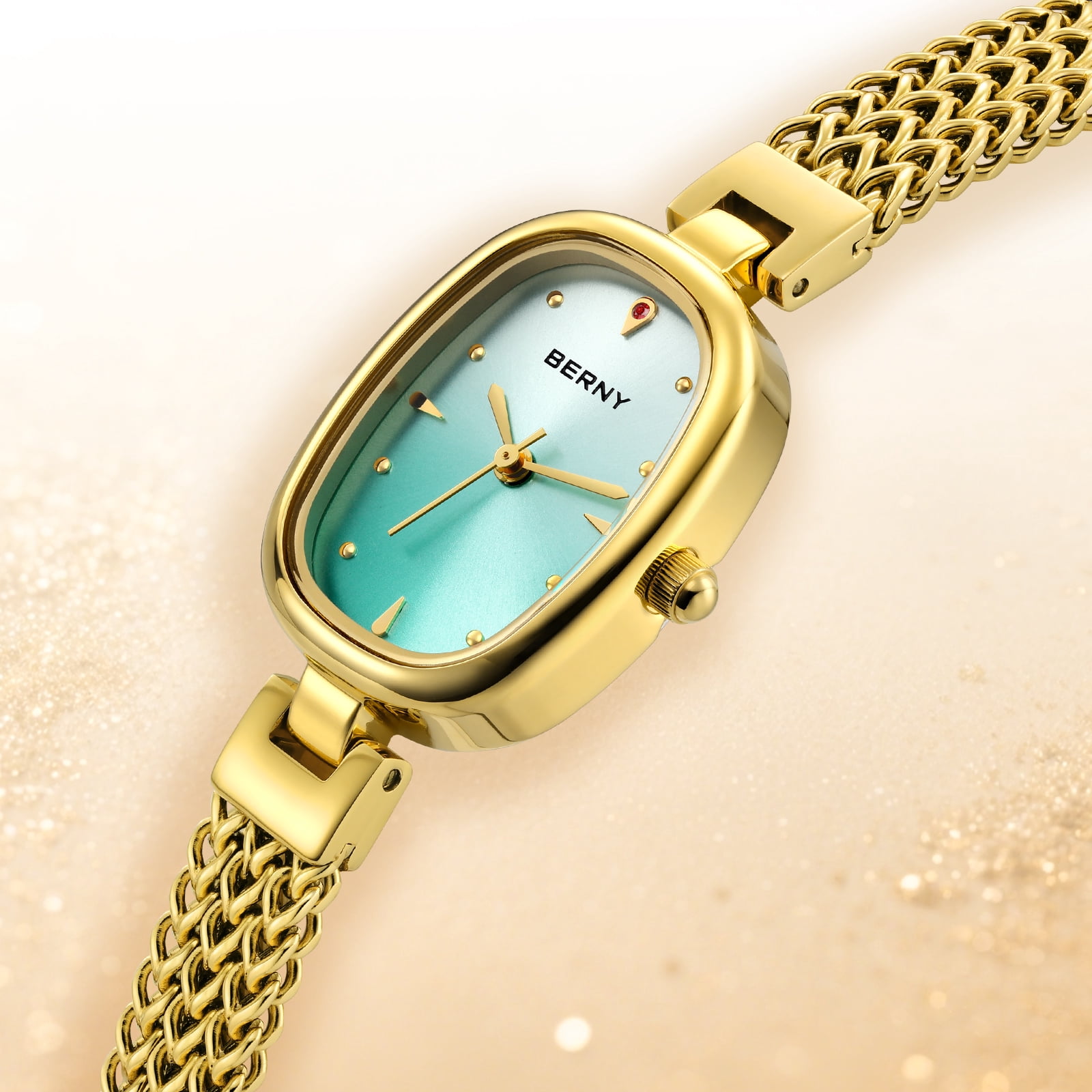 BERNY Small Gold Watches for Women, Dainty Oval Analog Quartz Bracelet Watch, Stainless Steel, Waterproof, Minimalist Luxury Ladies Watches Gifts (Light Blue)