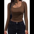 thumbnail image 1 of Camisas de Larga con Cuello Redondo para Mujer, Blusas Informales de Punto Acanalado de Corte Ajustado, Camisetas Básicas de Trabajo para Verano y Otoño. Marrón M, 1 of 9