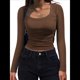 thumbnail image 1 of Camisas de Larga con Cuello Redondo para Mujer, Blusas Informales de Punto Acanalado de Corte Ajustado, Camisetas Básicas de Trabajo para Verano y Otoño. Marrón L, 1 of 9