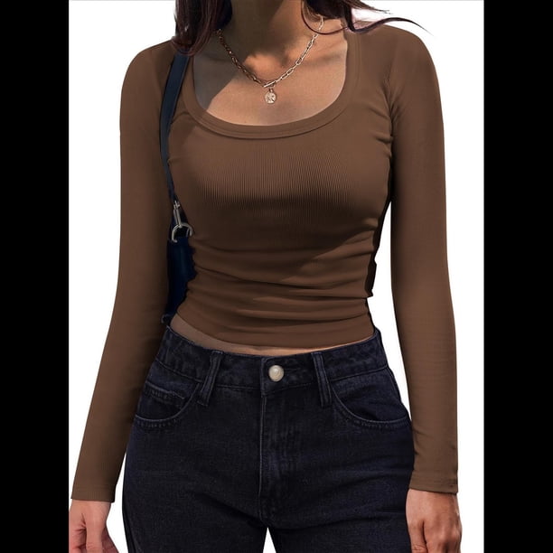 Camisas de Larga con Cuello Redondo para Mujer, Blusas Informales de Punto Acanalado de Corte Ajustado, Camisetas Básicas de Trabajo para Verano y Otoño. Marrón L
