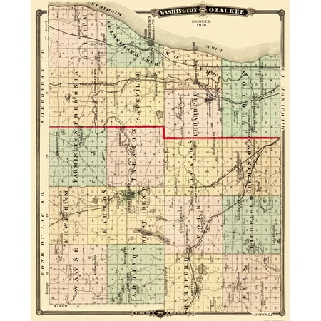 Historic County Map- Washington Ozaukee Counties Wisconsin - Snyder 1878 - Vintage Wall Art