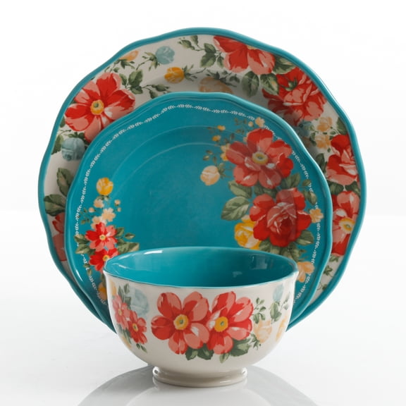 The Pioneer Woman Vintage Floral 12-Piece Dinnerware Set, Teal