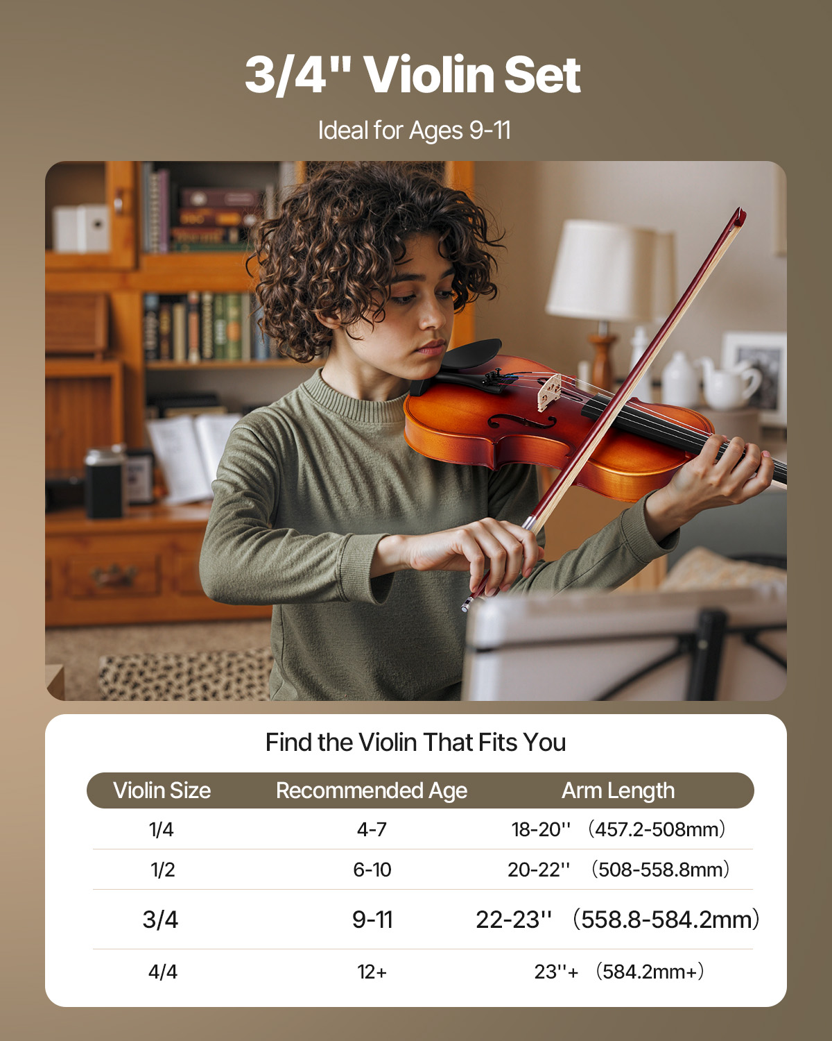 VEVOR Violin 3/4 Size for Adults, Violin Fiddle Set for Beginners with Hard Case, Rosin, Bow, Shoulder Rest, Bridge, Tuner and Extra Strings, Professional Musical Instruments for Student (Brown)