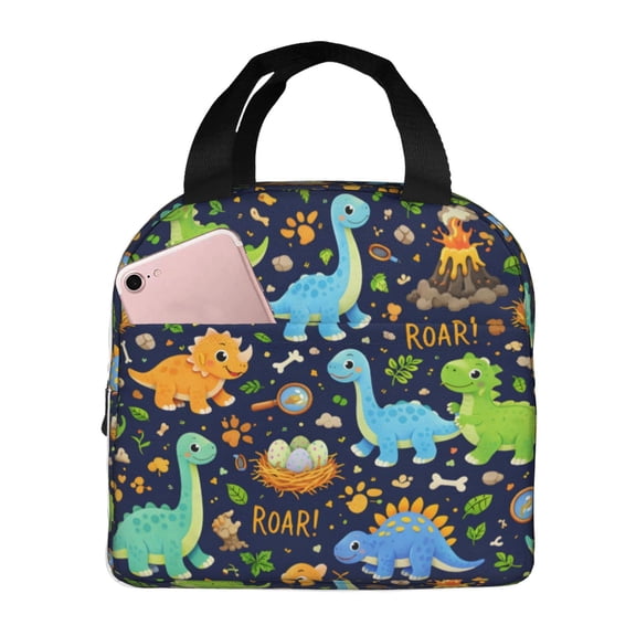 Cartoon Cute Dinosaur Pattern Lunch Bag Reusable Thermal Lunch Box with Handle for Women and Men