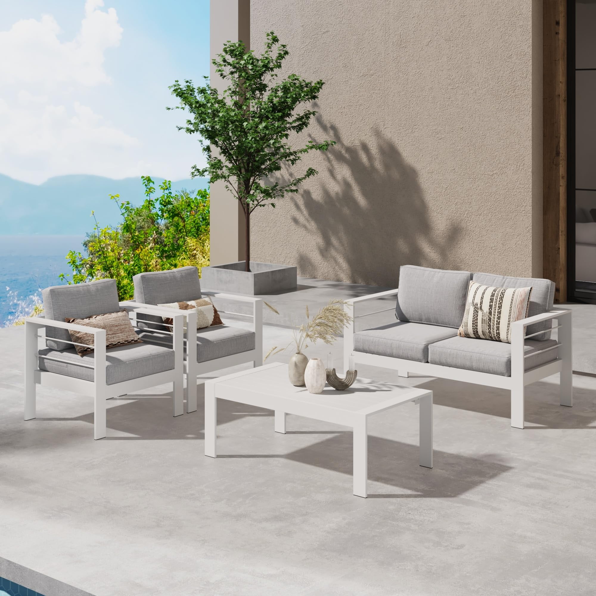 Royalcraft 4-Piece Aluminum Outdoor Conversation Sets with Loveseat, White / Light Grey Cushion
