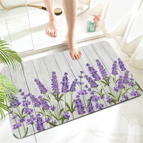 Lavender Watercolor Floral Diatomaceous Earth Bath Mat Rug-Rubber Non Slip Quick Dry Super Absorbent Thin Bathroom Rugs for Bathtub Shower Room Sink ( 17" L x 27" W Purple)