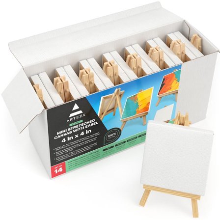 Arteza Small Mini Stretched Canvas, White, 4"x4", Blank Canvas Boards for Painting - 14 Pack