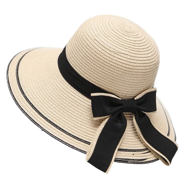 Sombrero de circunferencia de 54-58 cm, sombrero femenino de verano para exteriores, playa, aleros grandes, protector solar, parasol, sombrero de paja, pajarita plegable