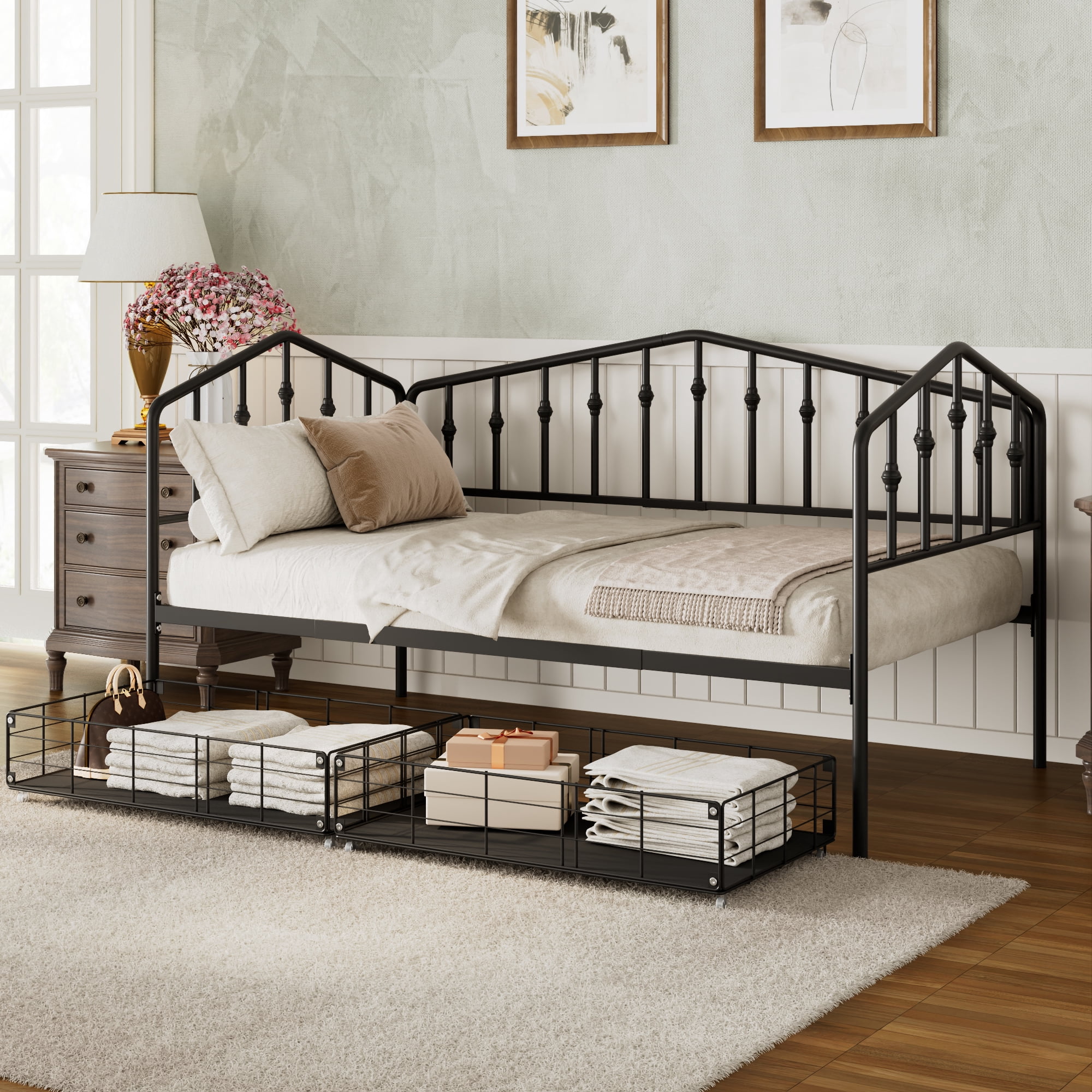 GARITIN Twin Size Metal Daybed with 2 Drawers, Storage Daybed Frame with Drawers for Bedroom Guest Room, Black