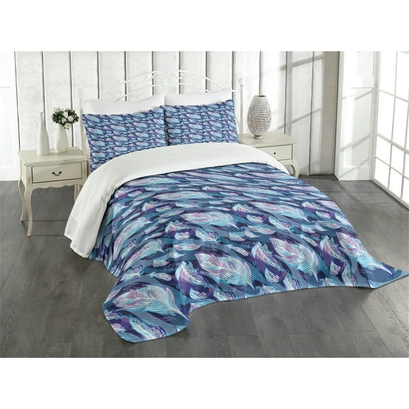 Ambesonne Paisley Quilted Bedspread Set 3 Pcs, Feather and Wavy Design, King Size, Pale Blue Navy Blue