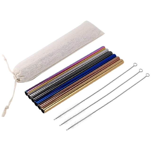 Reusable Colorful Stainless Steel Straws, Bubble Tea Straws, 6 Large Metal Straws, 3 Cleaning Brush