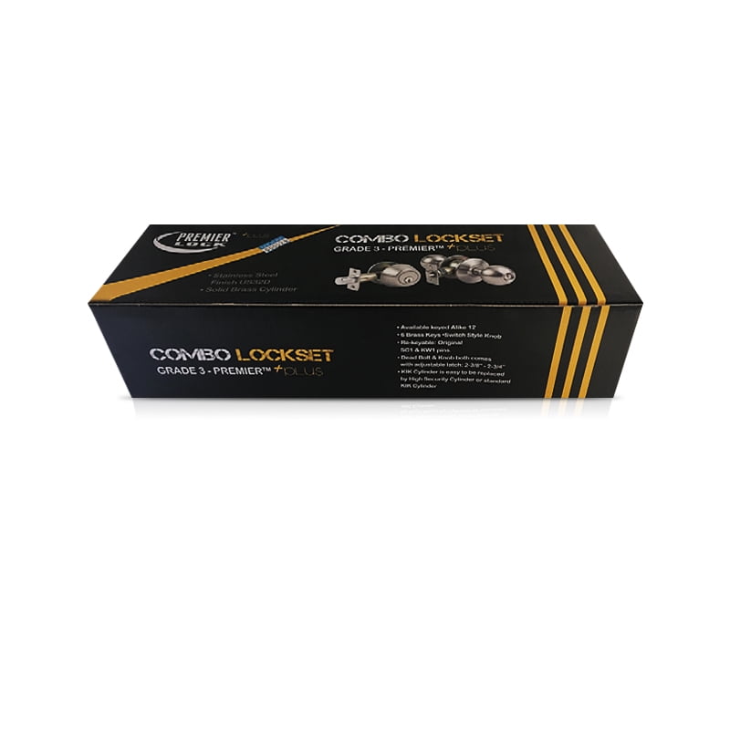 Brass Finish Grade 3 Combo Lock Set with Entry Door Knob and Deadbolt With 6 SC1 Keys - Boxed Keyed Alike