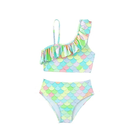 Toimothcn Swimsuit For Girls Sleeveless Casual Colorful Fish Scale Printed 2 Piece Bikini Set Quickly Dry Cover Up Swimwear 9-10 Years