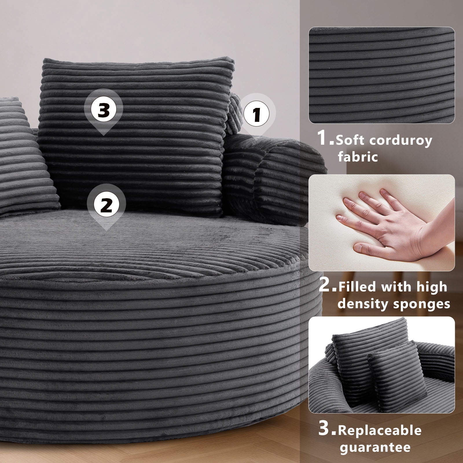 Miniyam 55.5" W Round Oversized Chaise Lounge Indoor Chair for Living Room, Cloud Couch with 3 Pillows, Dark Grey