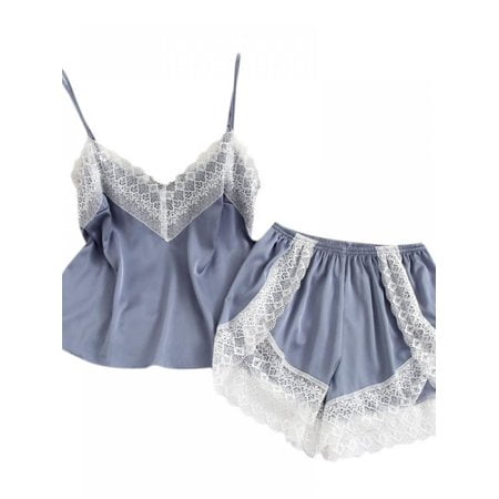 

Women s Lace Satin Trim Sleepwear Cami Top and Shorts Pajama Set