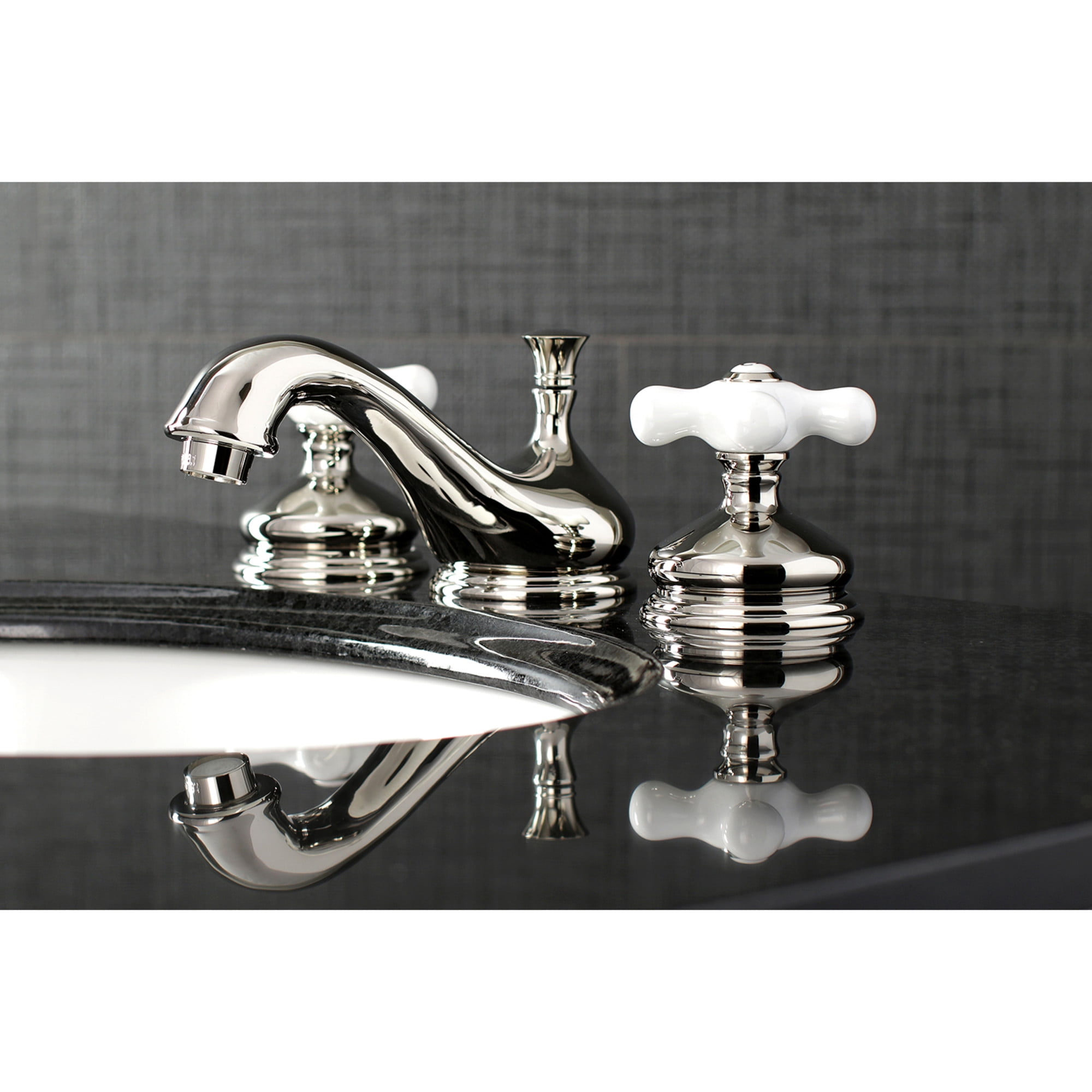 Kingston Brass KS1166PX Heritage Two-Handle 3-Hole Deck Mount Widespread Bathroom Faucet with Brass Pop-Up in Polished Nickel