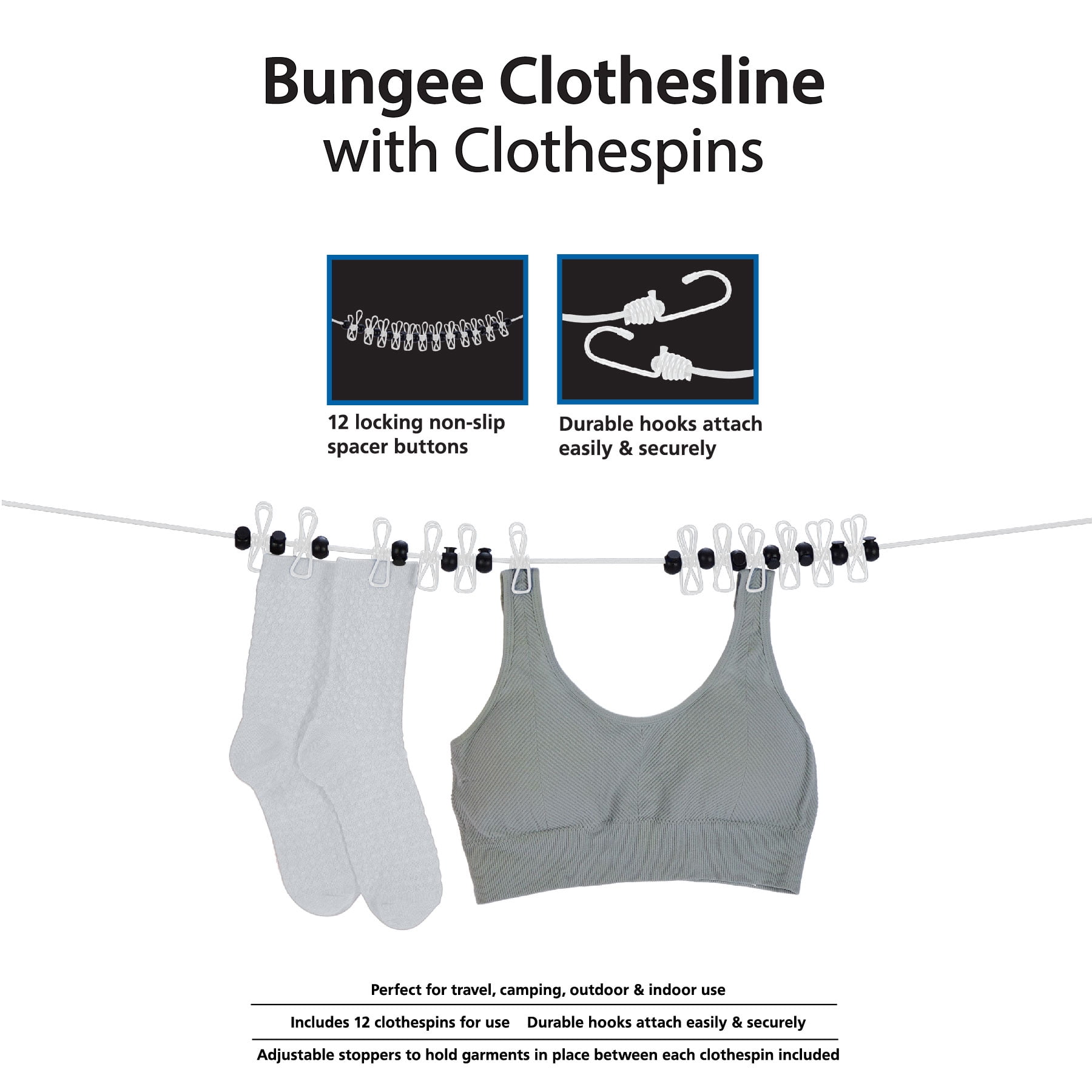 (6 pack) Mainstays Portable Indoor-Outdoor 6 ft Bungee Clothesline, White
