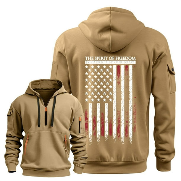 MHFRRA Sudadera con Capucha de Manga Larga con Estampado de Tendencia y Media Cremallera y Bolsillo para Hombre Caqui