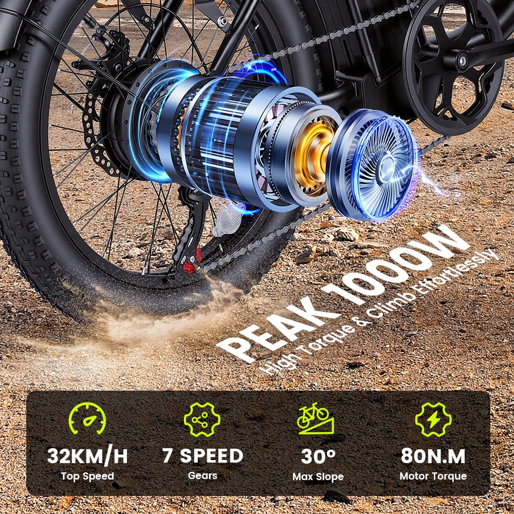 Peak 1000W Electric Bike for Adults and Teens, 48V 15Ah Ebike , All-Terrain with Front Suspension, Anti-theft Lock, Charger, Rear Rack