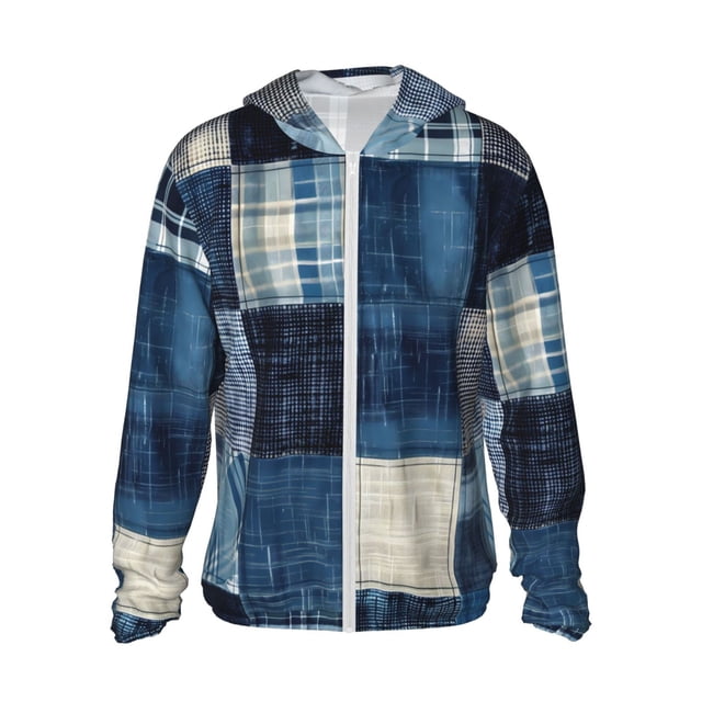 Daiia Veste à Capuche Légère à Manches Longues avec Protection Solaire Indigo Patchwork Quilt Pattern UPF 50+ pour Femmes et Hommes avec Poche pour Randonnée en Plein air-TG