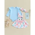 thumbnail image 2 of Bagilaanoe 2Pcs Toddler Easter Outfits Baby Girls Overalls Dress Set Ruffle Long Sleeve Romper Tops + Suspender Skirt + Headband 3M 6M 9M 12M 18M Infant Casual Clothes, 2 of 9