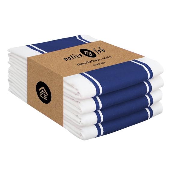 Native Fab Blue Kitchen Towels 18x28 Inch, Set of 4, Wide Stripe, Super Absorbent, Quick Dry, Soft, 100% Cotton Dish Towels for Wiping Hands, Drying Dishes, Cleaning Dishcloths Set - Ink Blue