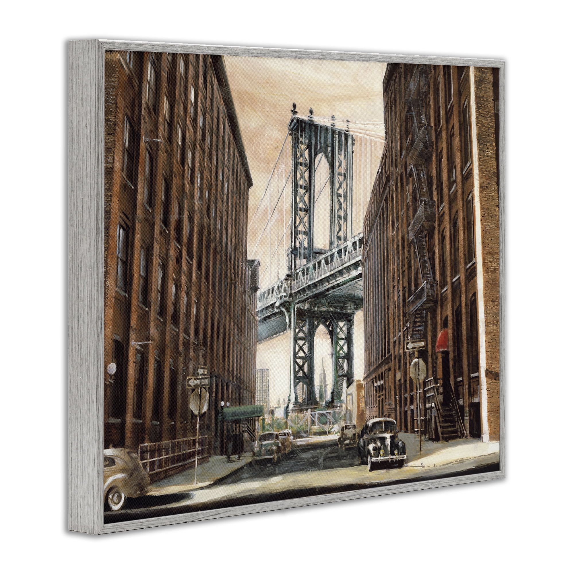 Stupell Industries Cityscape with Bridge View Scenery Painting Gray Framed Art Print Wall Art, 30 x 24