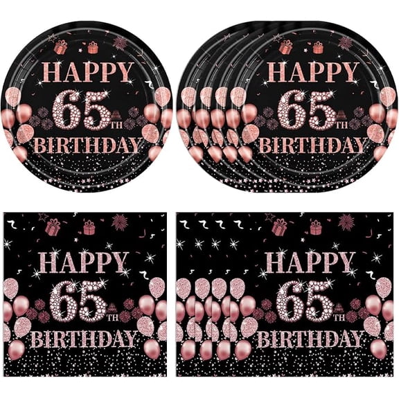 40 Piece 65th Birthday Party Tableware Set Black Rose Gold Plates and Napkins