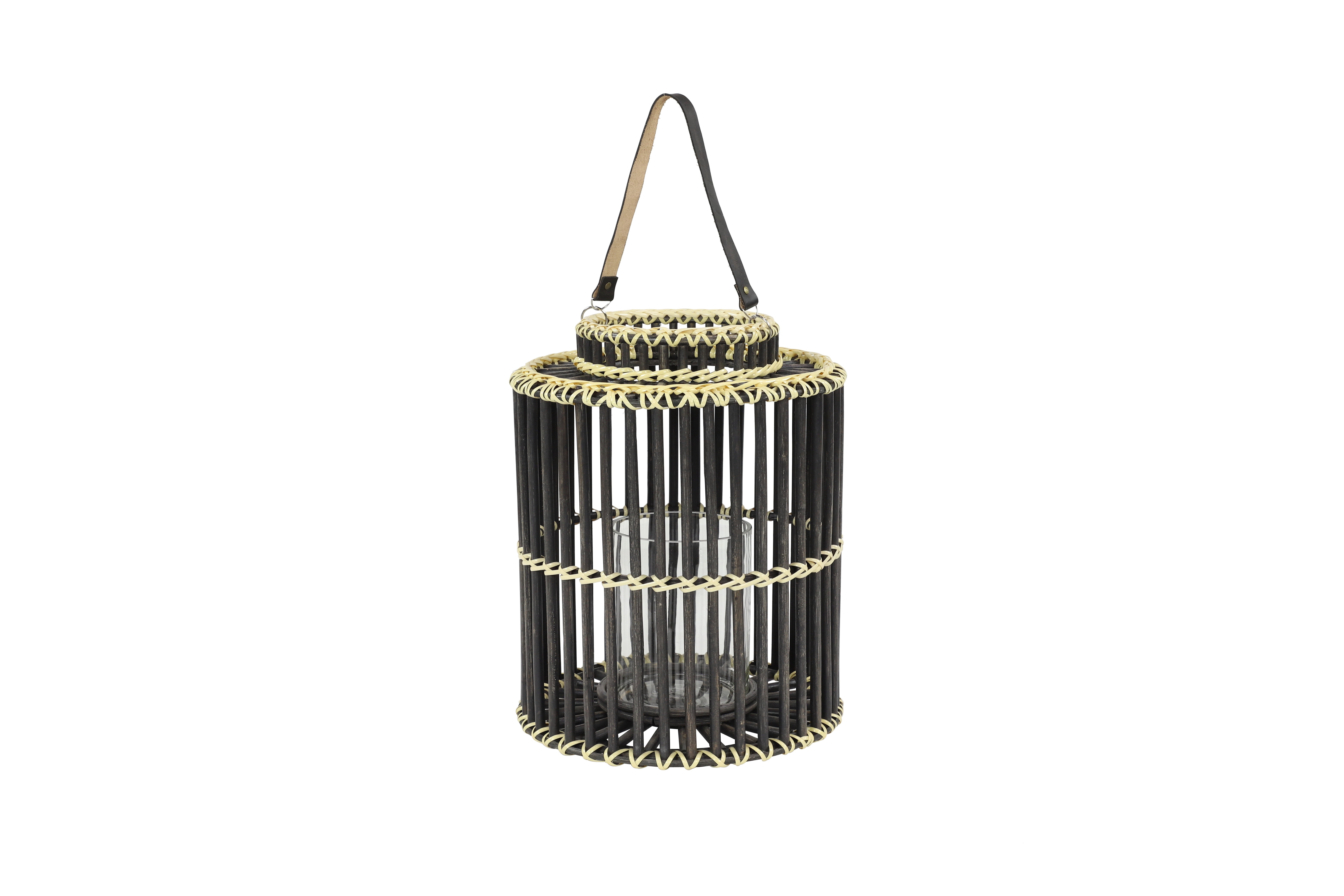 Decmode - 14” x 18” Large Cylindrical Black Rattan Rustic Lantern, Birdcage Shape