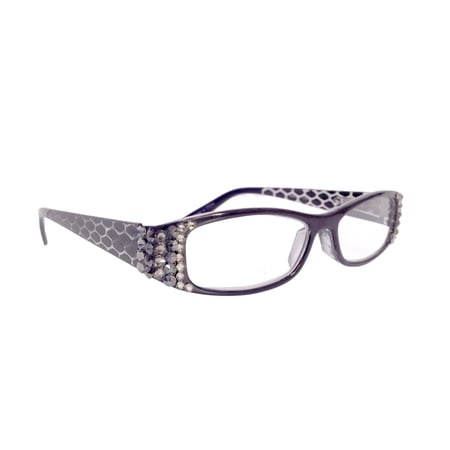 Lyon, (Bling) Reading Glasses with (Black Diamond, Hematite) (Dragon scale Pattern) Rectangular (Black) NY Fifth Avenue