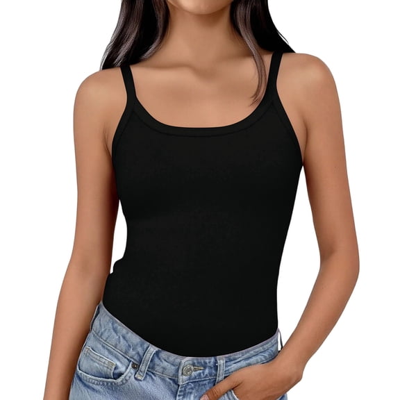 JULMCOMO Tank Tops for Women Scoop Neck Spaghetti Strap Slim Fit Comfy Camisole Tops Sleeveless Summer Casual Camisoles Black S