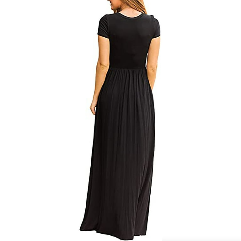 Kancystore Summer Maxi Dress for Women Petite Length Formal Casual Short  Sleeve Long Dresses with Pockets Black S at  Women's Clothing store