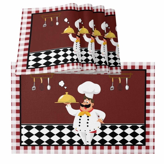 Fat Chef Placemats for Dinning Table Set of 4, Red Gourmet Kitchen Red Black Buffalo Plaid Burlap Kitchen Place Mats Waterproof Cloth Table Mats, Indoor Outdoor Placemats Easy Clean Dinner Decor
