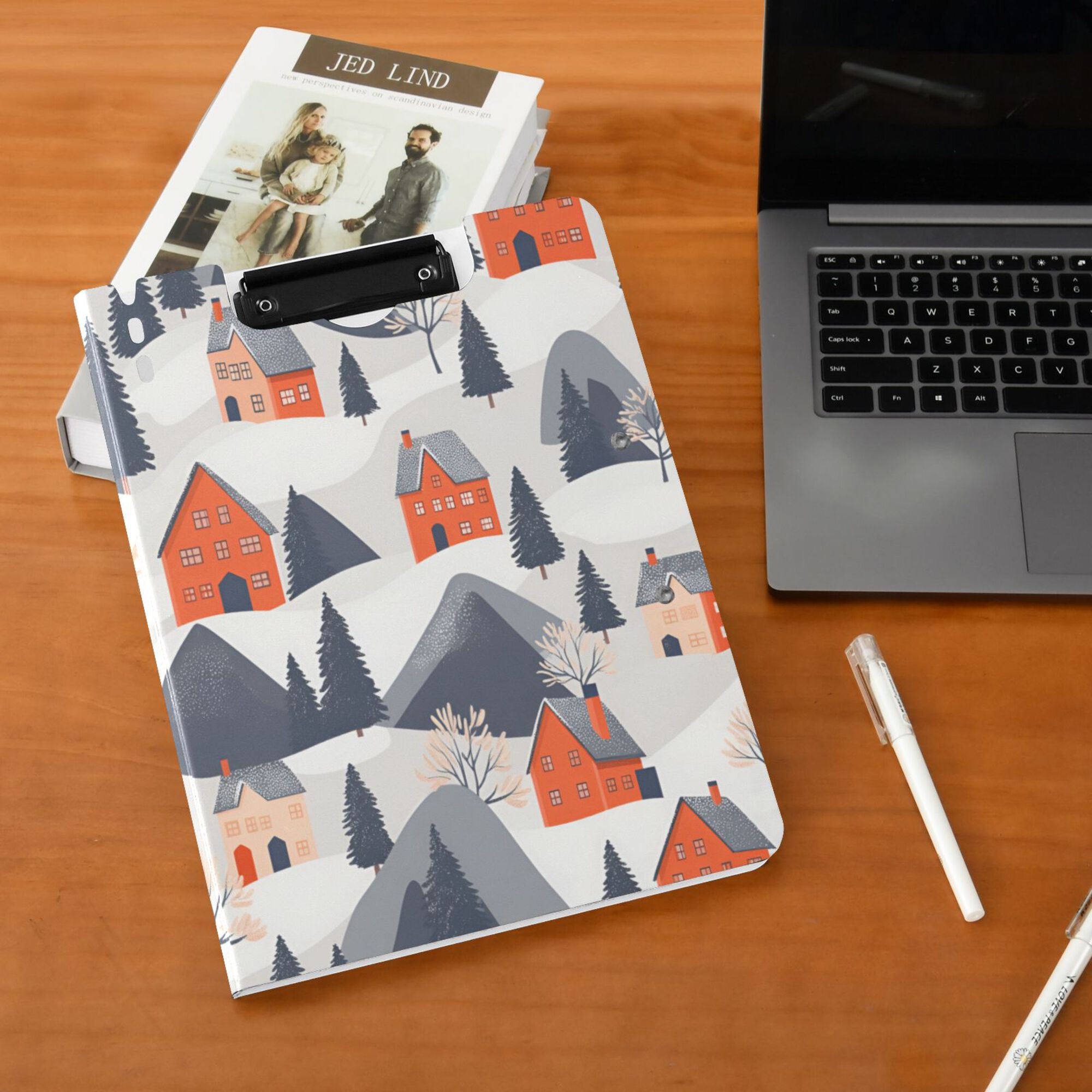 FORMRS A4 Clipboard Folder with Pen Holder Horizontal Foldable School Office Binder, Blue Snow Houses