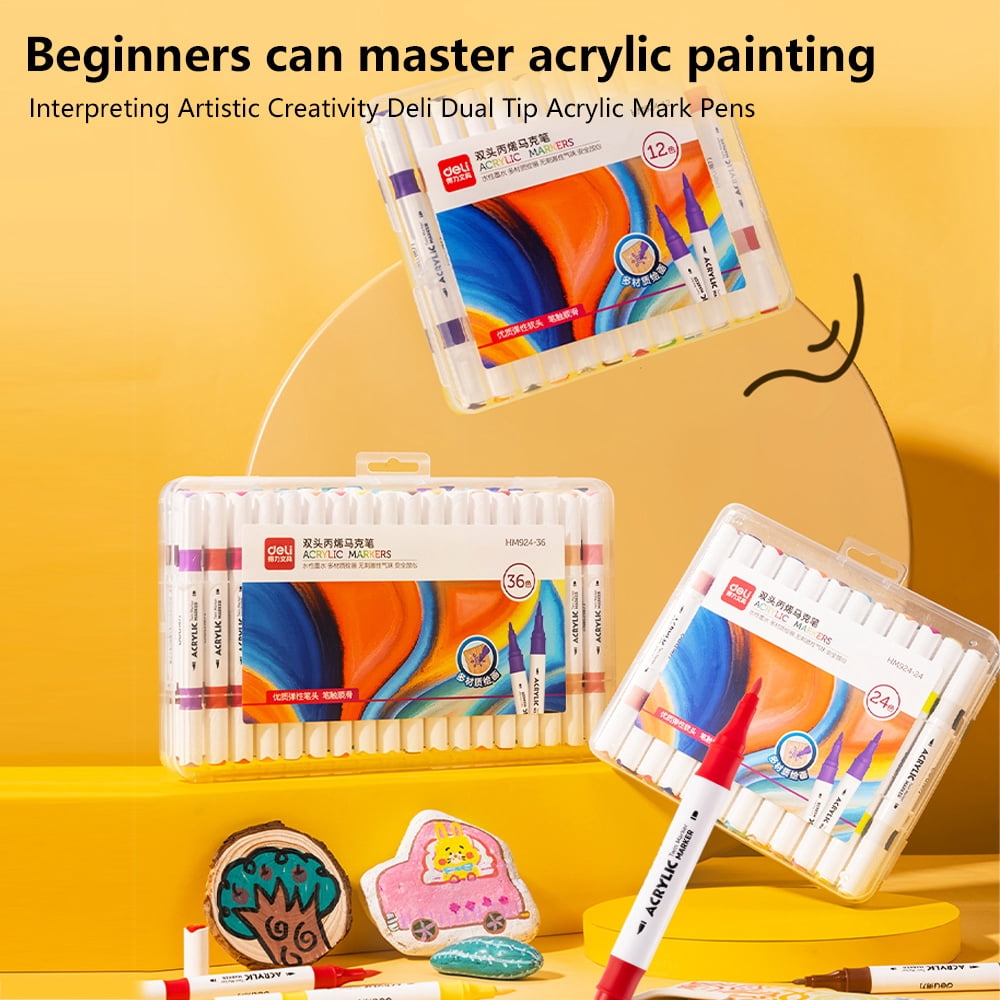 Deli Paint Markers Dual Tip Quick Drying Acrylic Marker Pens Paint Pen Set for Wood, Rock, Canvas, 24 Colors