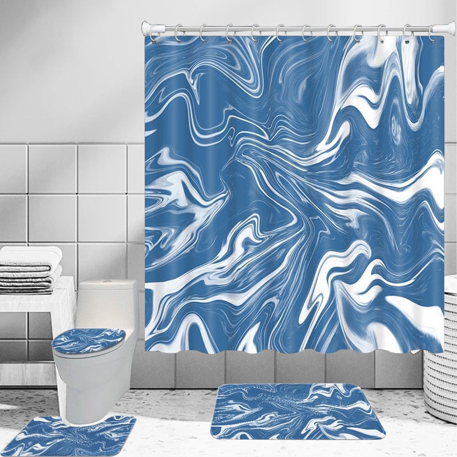 70x70 Inches Bathroom Decor 4 Pcs Shower Curtain Set With Rugs ColorfulMarbles Bathroom Set With AntiSlip Rug Toilet Lid Cover Bath Mat And 12 Hooks