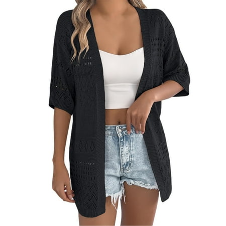 Ediodpoh Womens Cardigans Lightweight Knit Cardigan Summer Casual Loose Fit Open Front Cover up Boho Beach Outfit Pure Color Black L