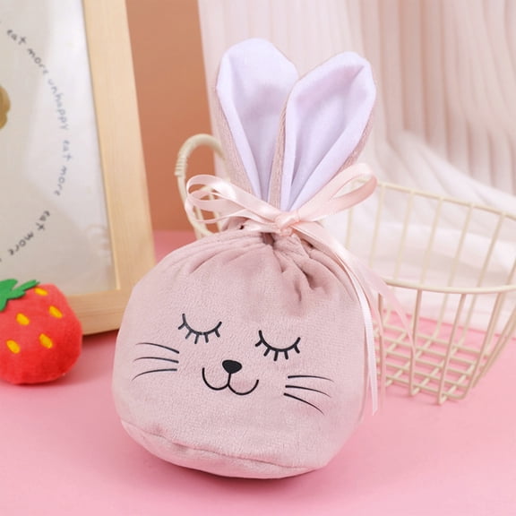 5Pcs Easter Bunny Gift Bags with Drawstring, Velvet Bunny Ear Bags for Candy & Eggs, Small Party Favors for Easter Egg Hunt, Basket Stuffers, Kids Party Supplies (Light Blue, 5.5x4.3 Inch)