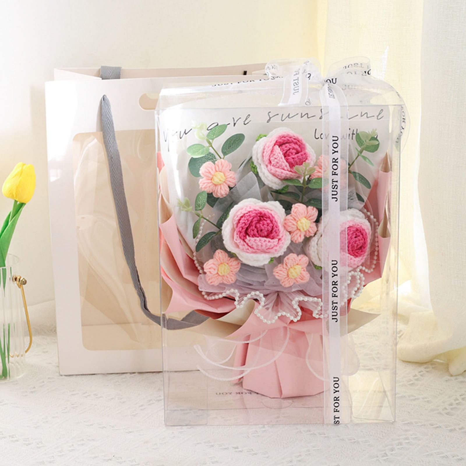 Crochet Pink Flowers Bouquet Gift for Women, 1Pcs Handmade Crochet Rose Sunflower Flower, Graduation Bouquet, Artificial Knitted Bouquet with LED Light for Graduation Weddings Gift and Home Decoration