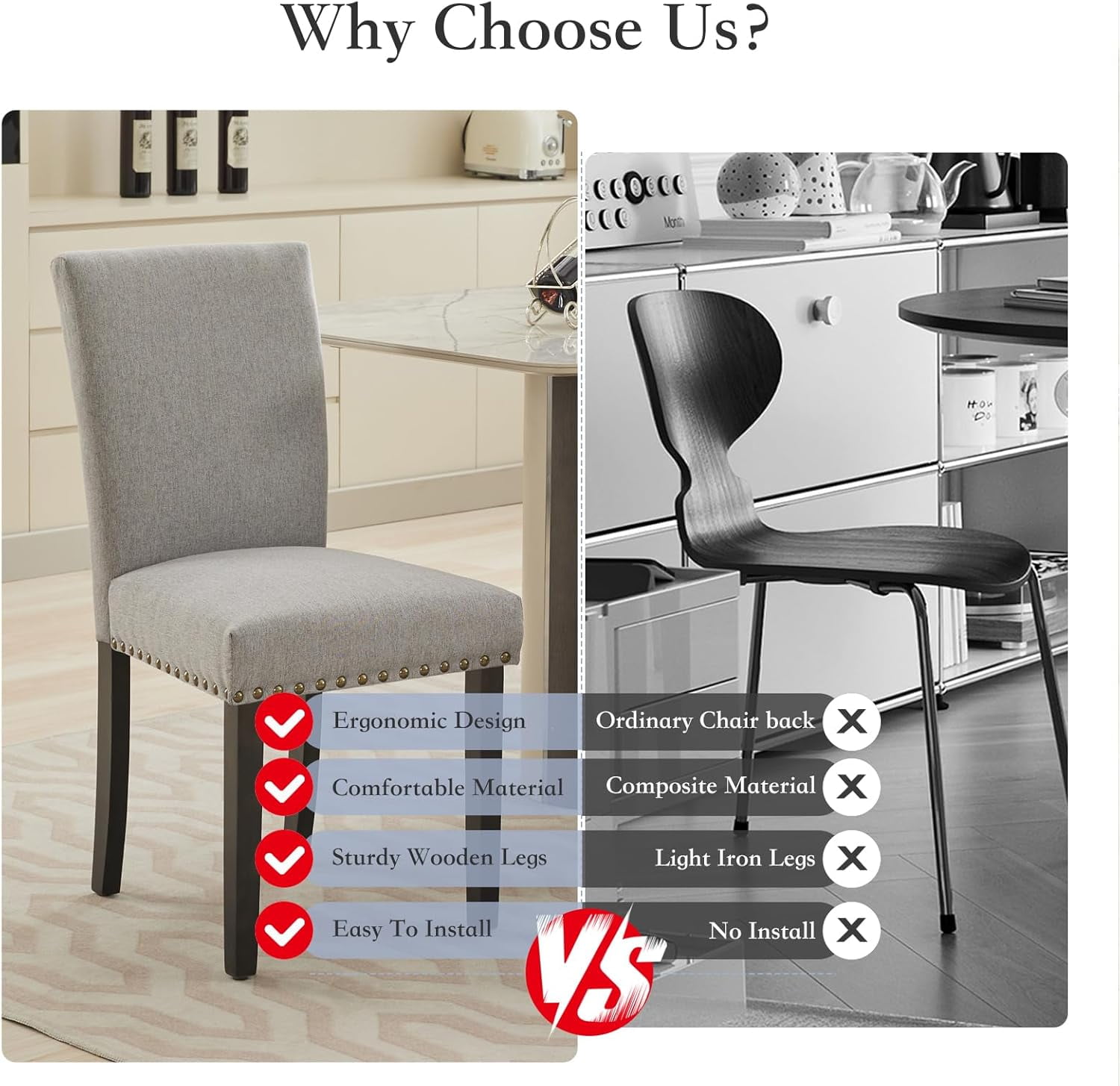 Dining Chair Sets of 2 Upholstered High Back Dining Chair Armless Kitchen Chair Sets Fabric Diner Room Chair with Nailhead Trim/Wood Legs and Padded Cushion Modern Banquet Chairs, Grey