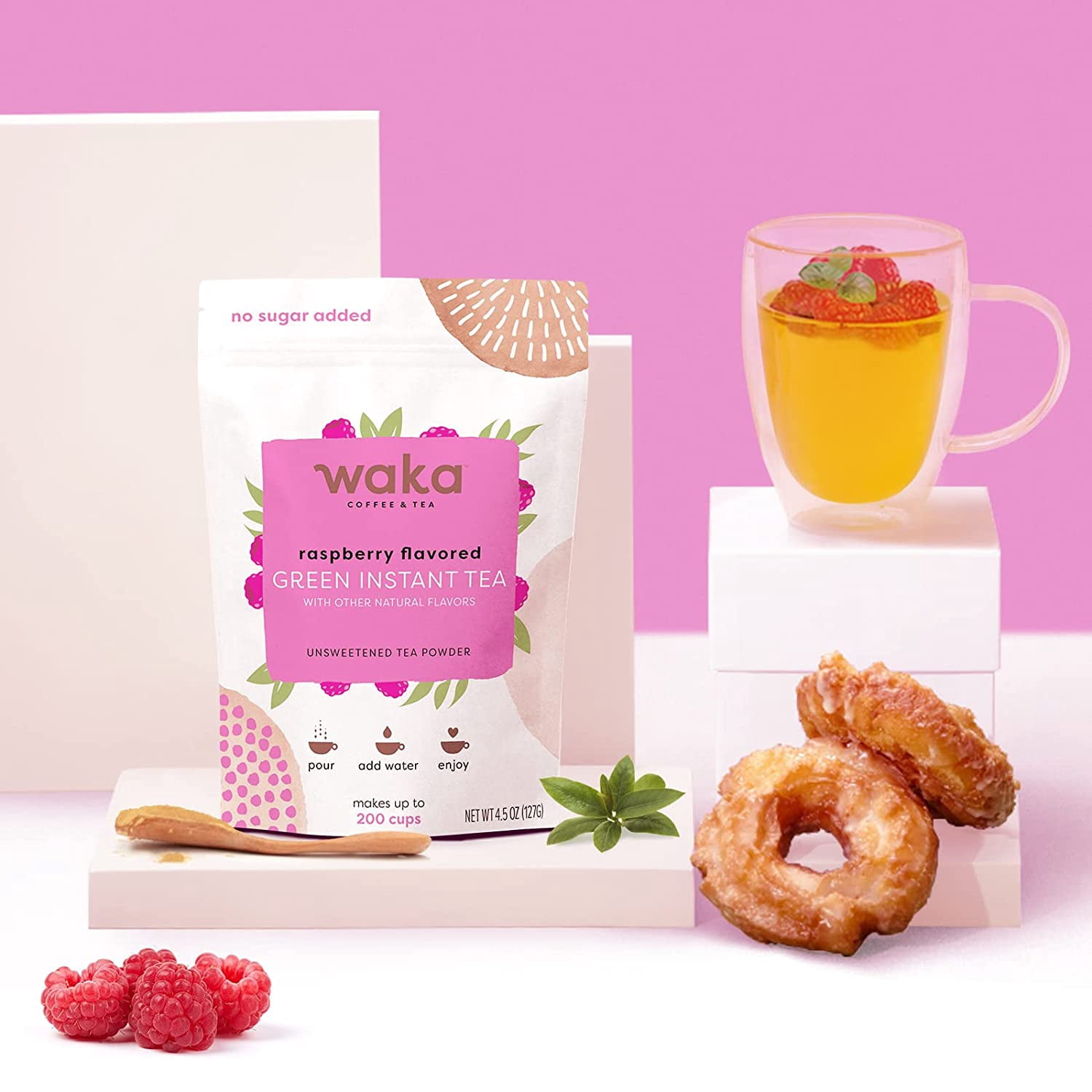 Waka Instant Tea Mix, 3 Bag Bundle - 100% Tea Leaves, No Additives, Unsweetened Tea Powders - Raspberry Flavored, Peach Flavored, Lemon Flavored Green (4.5oz Each)
