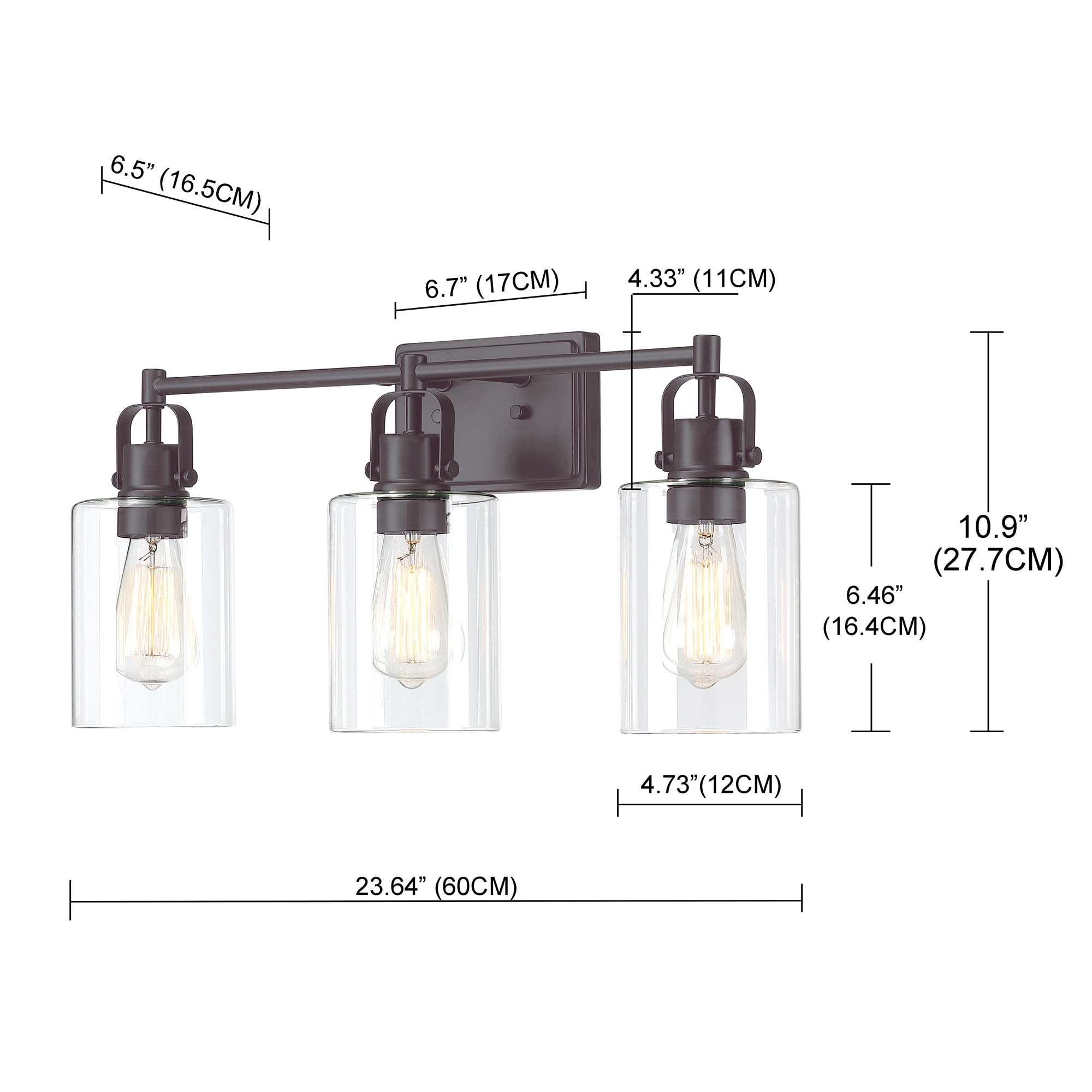 3-Light Bathroom Light Fixtures Dark Bronze Vanity Lighting over Mirrors, Vintage Wall Sconce with Clear Glass Shade