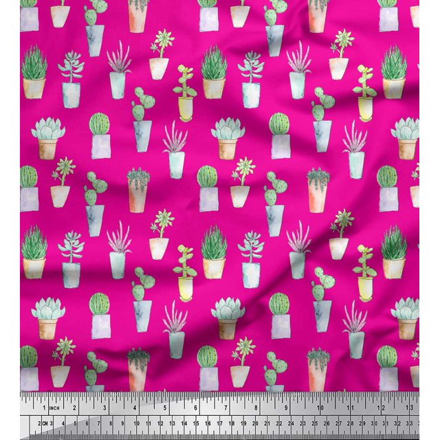 Soimoi Pink polyester Crepe Fabric Cactus Leaves Decor Fabric Printed Yard 42 Inch Wide