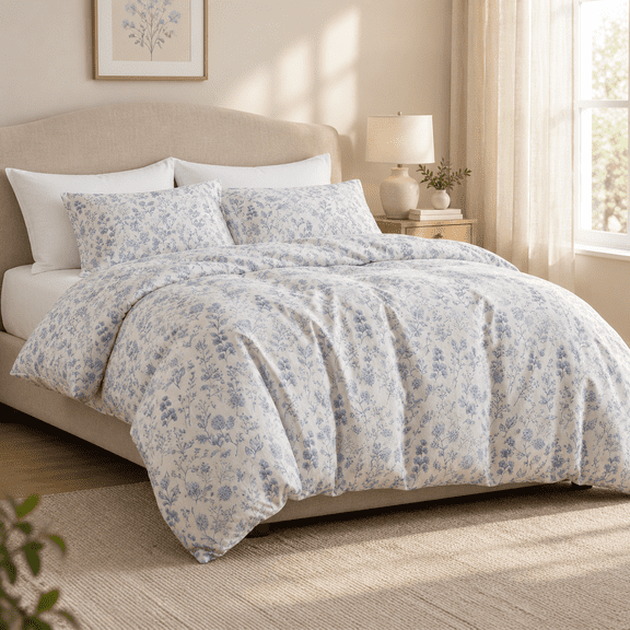 Blue White Floral Comforter Set Queen Size 3 Piece Soft Microfiber All Season Bedding Set