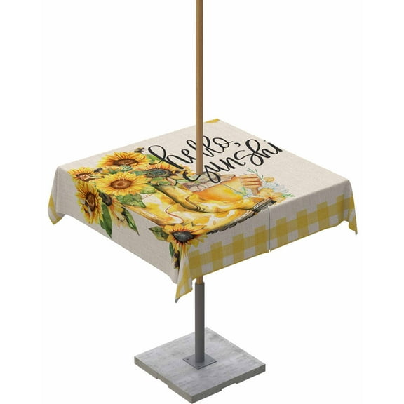 Farm Yellow Sunflower Honey Bee Square Tablecloth with Zipper,Waterproof Table Cloth with Umbrella Hole Patio Tablecloths for Outdoor Tables,Country Plaid Vintage Linen Spillproof Table Cover