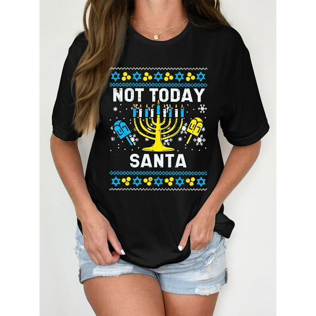 Camiseta de algodón de Hanukkah para mujer, con estampado de dibujos animados "Hoy no, Papá Noel", cuello redondo, manga corta, elasticidad ligera, tejido de punto, estilo deportivo, ideal para las cu