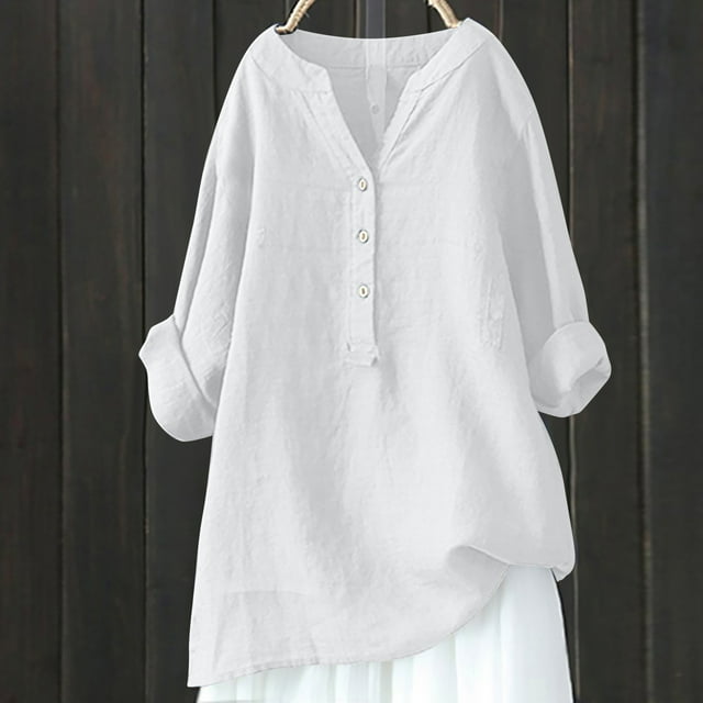 DPTALR Chemises Tunique en Coton et Lin à Manches Longues et Col en V pour Femmes Chemises d'Été Blouse