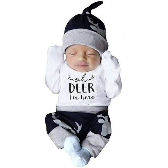 Izhansean 3PCS Newborn Baby Boy Clothes Long Sleeve Romper Tops Deer Pants Hat Outfit Set Blue 0-3 Months